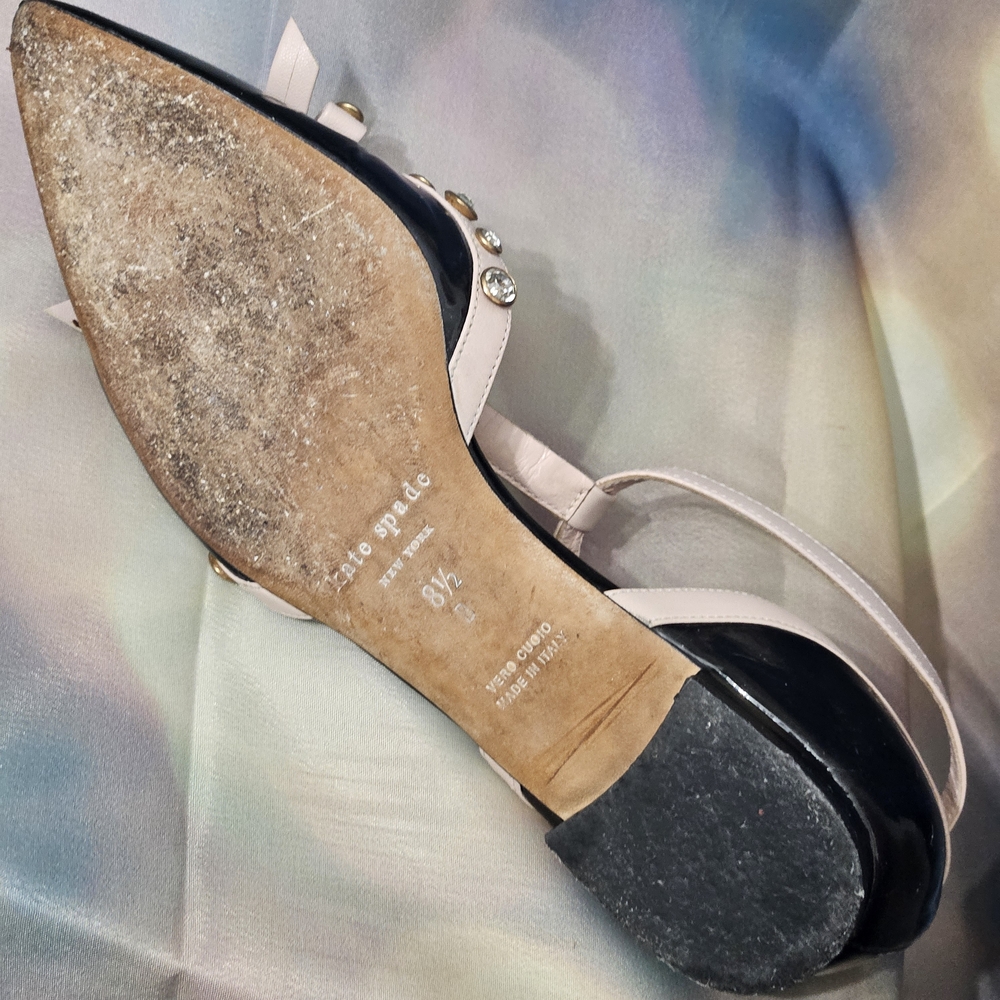 Kate Spade Patent Leather Black & Blush Pointed T-Strap,Rhinestones Kitten Heel - Picture 2 of 11